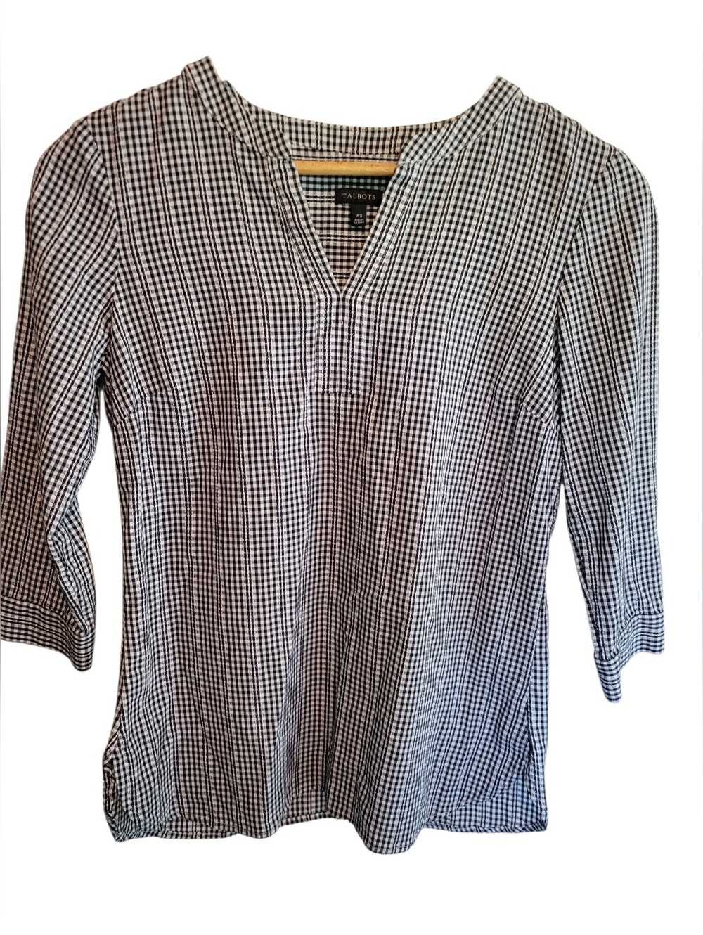 Talbots Black & White Gingham Split-Neck Tunic blouse 3/4-length sleeves Size XS